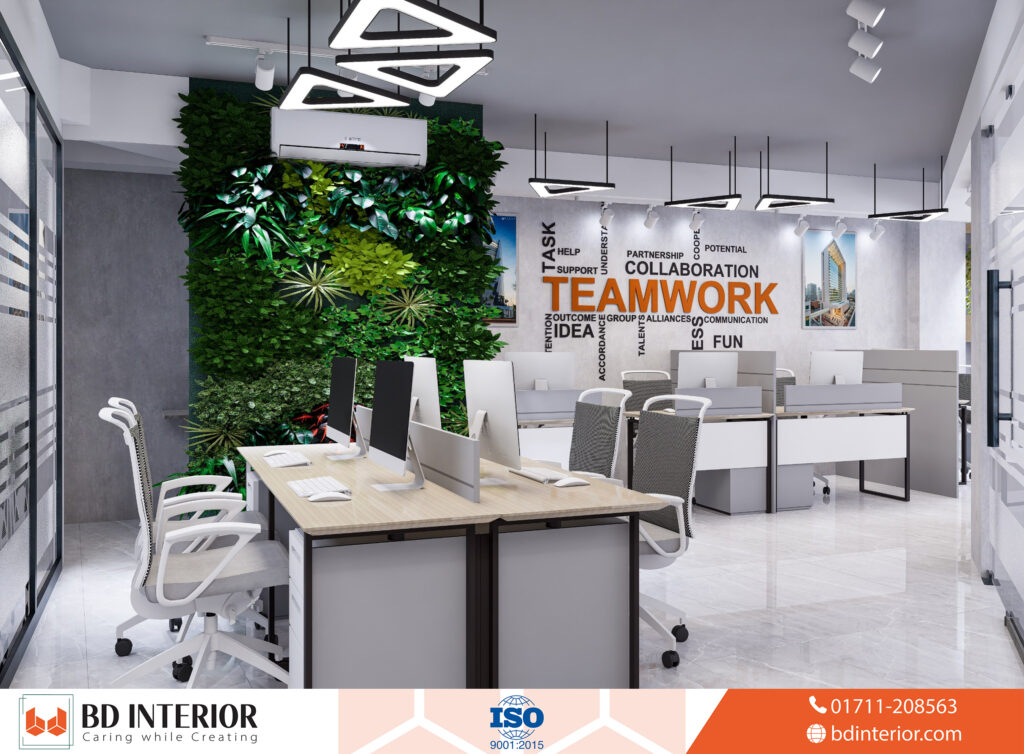Corporate Office Interior Design That Balances Culture, Tech, and Employee Wellbeing in Dhaka 2 Collaborative Modern Office with Vertical Garden