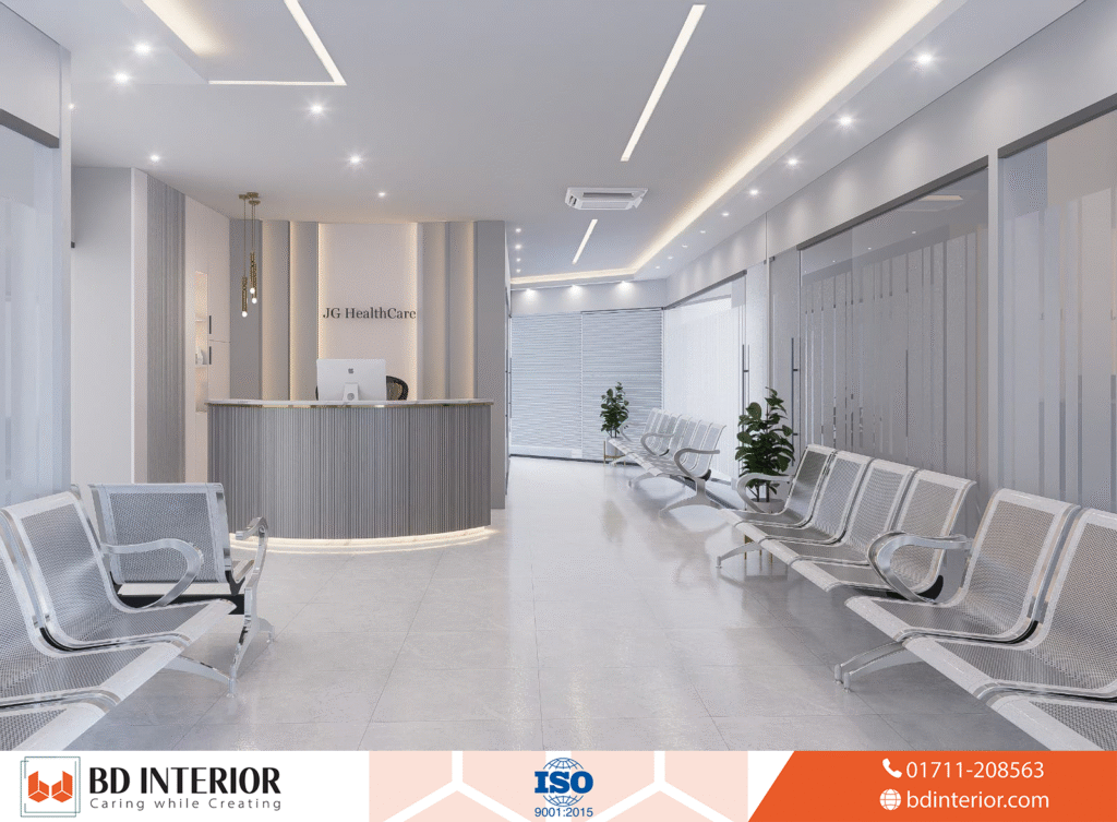 Healthcare Center Interior Design in Bangladesh That Prioritizes Safety & Healing 1 JG HealthCare Reception – Minimalist Modern Healthcare Lobby
