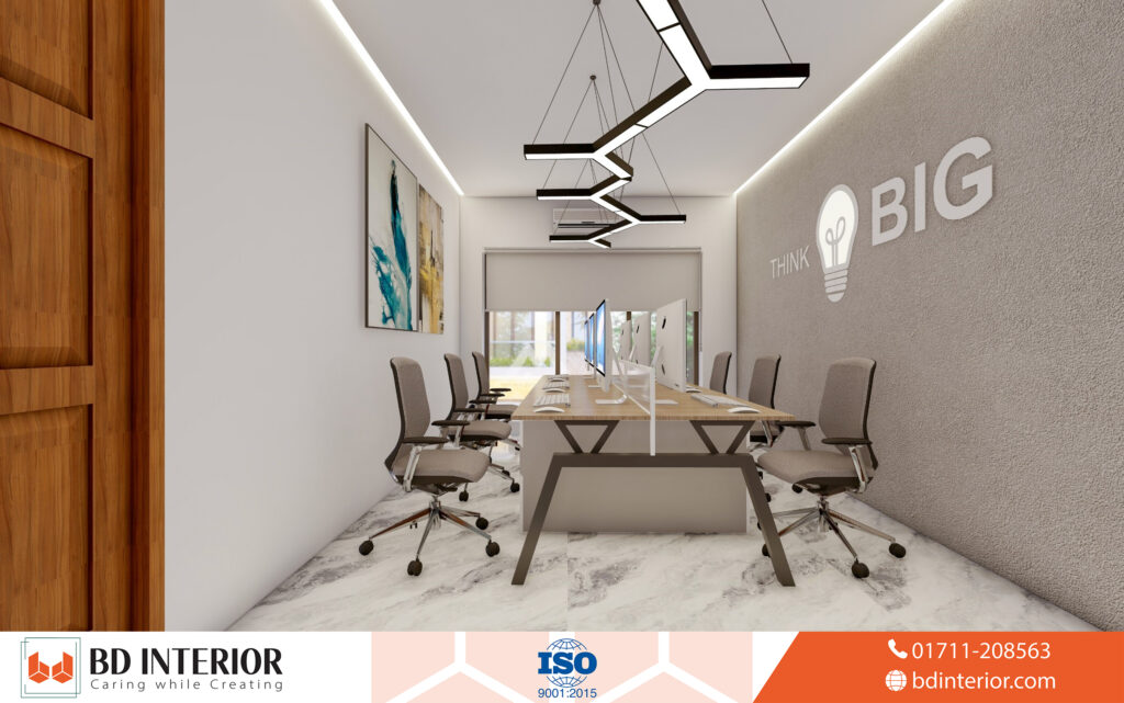 Interior Design Lighting: Complete Guide for Bangladesh Homes 3 Modern Minimalist Collaborative Office with Light Wood Desk and Geometric Lighting Design