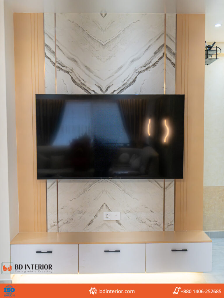 Interior Design of TV Wall: Essential Guide 7 Contemporary TV wall with marble and wood design.