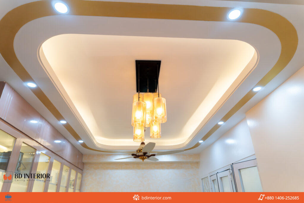 Steps to False Ceiling Design in Bangladesh for Cooler Rooms 4 Ceiling design with LED lights and elegant chandel.