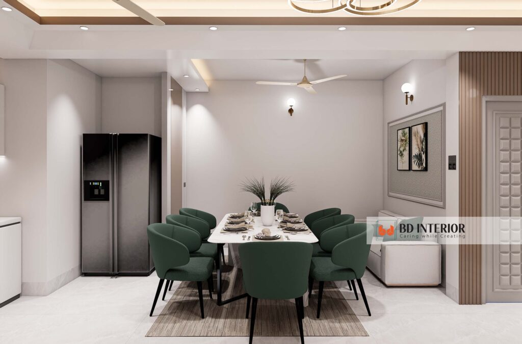 3D Rendering for Interior Design: Master Visuals, Win Clients in Bangladesh 11 Modern dining room with green chairs and refrigera.