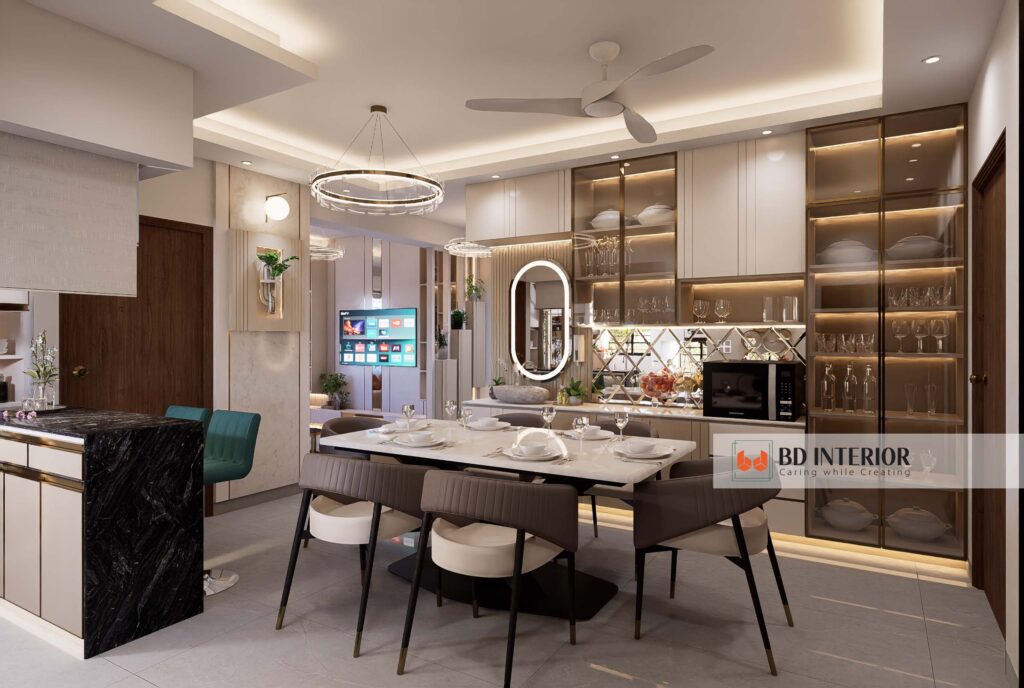 Interior dining room with modern decor and lightin.