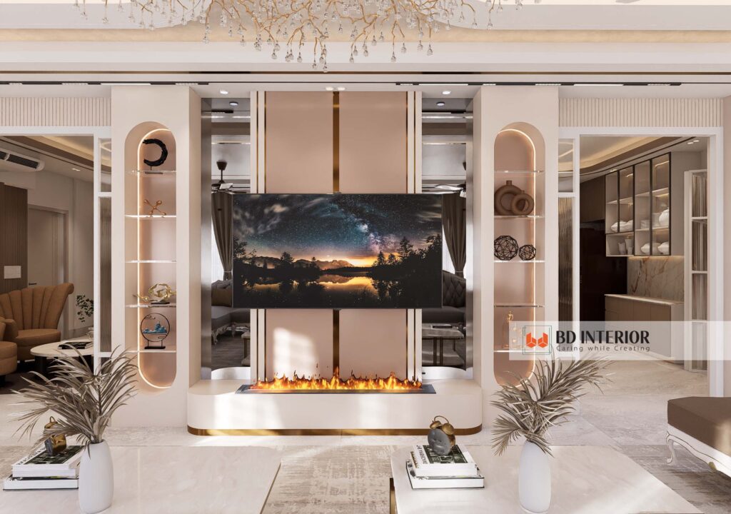 7 Trending Living Room Colors That Won't Look Dated in 5 Years 3 Contemporary living room with fireplace and TV uni.