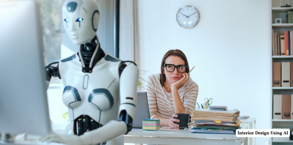 Master Interior Design Using AI: Simple Steps for Stunning Spaces 1 Interior design workspace with robot and woman.