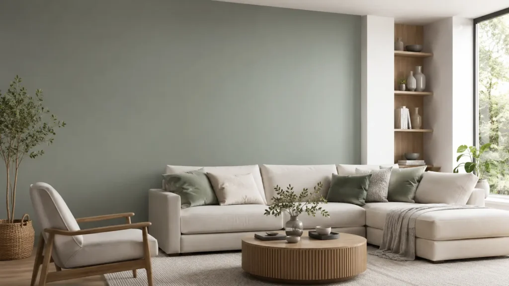 7 Trending Living Room Colors That Won't Look Dated in 5 Years 1 Living room with beige sofa and green accent wall.