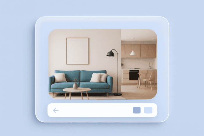 10 Best Interior Design Websites for Homeowners and Decor Enthusiasts 1 Living room interior with sofa and kitchen area.
